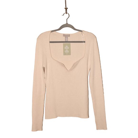 H&M NEW $30 Long Sleeve Rib Knit Sweetheart‎ Neckline Top Light Beige XL - Picture 1 of 4